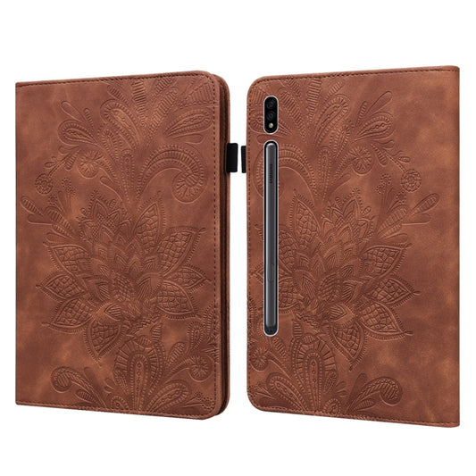 For Samsung Galaxy Tab S8 / Galaxy Tab S7 SM-T870/SM-T875/SM-T876B Lace Flower Embossing Pattern Horizontal Flip Leather Case with Holder & Card Slots & Wallet & Photo Frame(Brown) - Galaxy Tab S8 Cases by buy2fix | Online Shopping UK | buy2fix