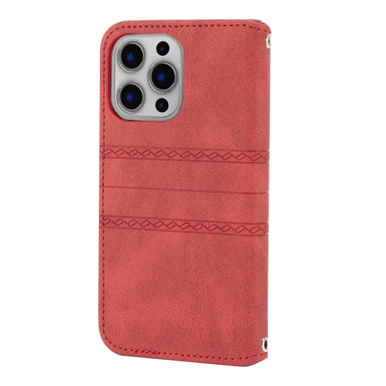 For iPhone 13 Pro Max Embossed Striped Magnetic Buckle PU + TPU Horizontal Flip Leather Case with Holder & Card Slot & Wallet & Photo Frame & Sling (Red) - iPhone 13 Pro Max Cases by buy2fix | Online Shopping UK | buy2fix