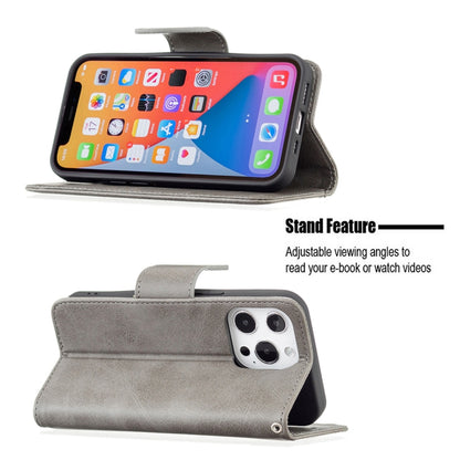 For iPhone 13 Pro Retro Lambskin Texture Pure Color Horizontal Flip PU Leather Case, with Holder & Card Slots & Wallet & Lanyard(Grey) - iPhone 13 Pro Cases by buy2fix | Online Shopping UK | buy2fix