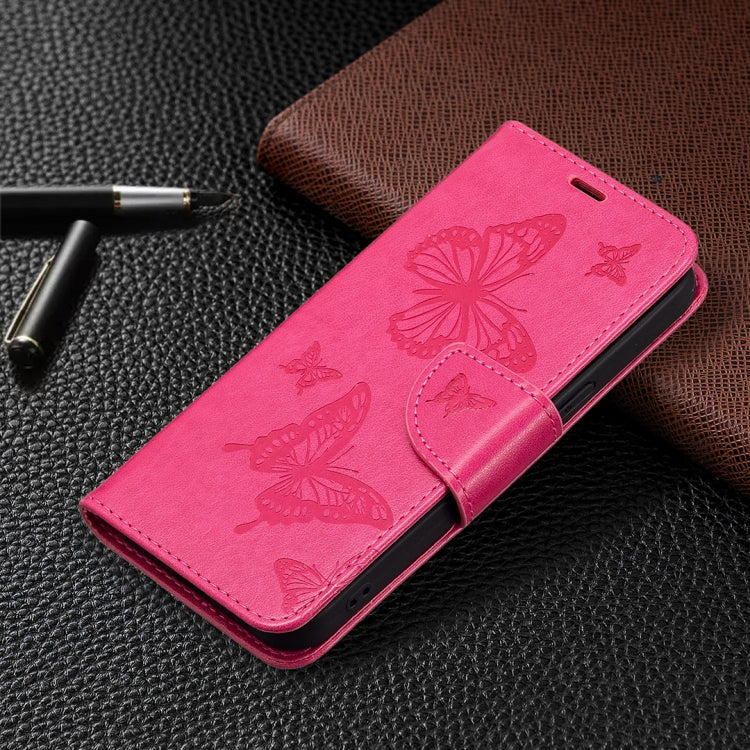 For iPhone 13 mini Embossing Two Butterflies Pattern Horizontal Flip PU Leather Case with Holder & Card Slot & Wallet & Lanyard (Rose Red) - iPhone 13 mini Cases by buy2fix | Online Shopping UK | buy2fix