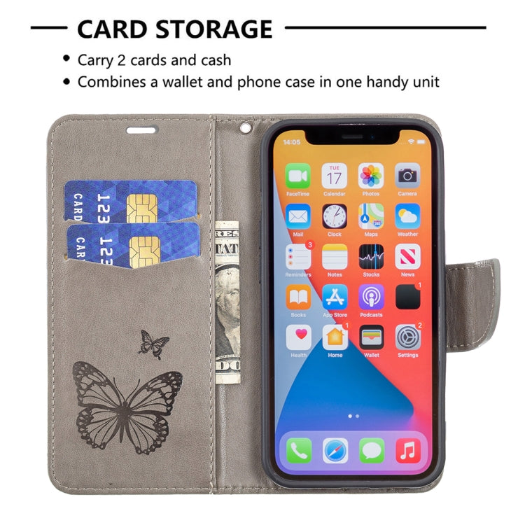 For iPhone 13 Embossing Two Butterflies Pattern Horizontal Flip PU Leather Case with Holder & Card Slot & Wallet & Lanyard(Grey) - iPhone 13 Cases by buy2fix | Online Shopping UK | buy2fix