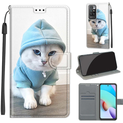 Voltage Coloured Drawing Magnetic Clasp Horizontal Flip PU Leather Case with Holder & Card Slots For Xiaomi Redmi 10(C15 Blue Sweater White Cat) - Xiaomi Cases by buy2fix | Online Shopping UK | buy2fix