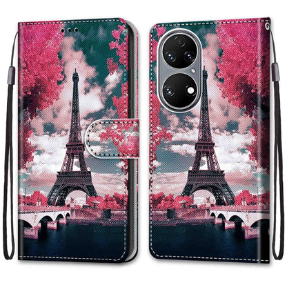 For Huawei P50 Coloured Drawing Cross Texture Horizontal Flip PU Leather Case with Holder & Card Slots & Wallet & Lanyard(Pink Flower Tower Bridge) - Huawei Cases by buy2fix | Online Shopping UK | buy2fix