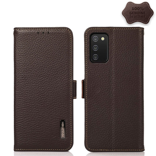 For Samsung Galaxy A02s EU Version KHAZNEH Side-Magnetic Litchi Genuine Leather RFID Phone Case(Brown) - Galaxy Phone Cases by buy2fix | Online Shopping UK | buy2fix