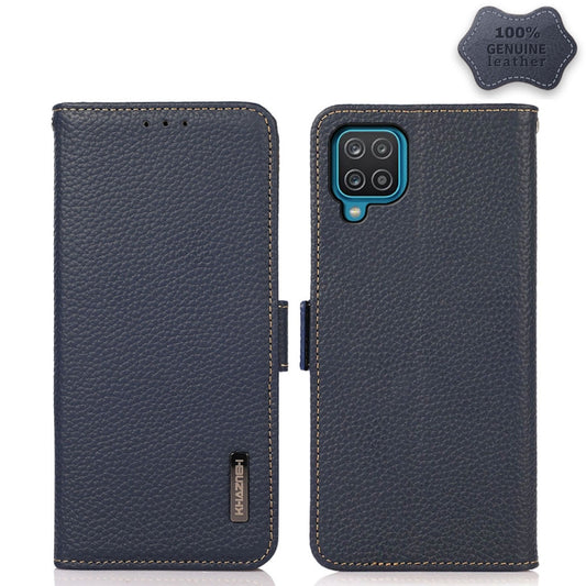 For Samsung Galaxy A12 5G KHAZNEH Side-Magnetic Litchi Genuine Leather RFID Phone Case(Blue) - Galaxy Phone Cases by buy2fix | Online Shopping UK | buy2fix