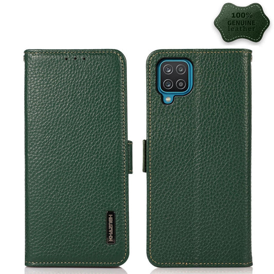 For Samsung Galaxy A12 5G KHAZNEH Side-Magnetic Litchi Genuine Leather RFID Phone Case(Green) - Galaxy Phone Cases by buy2fix | Online Shopping UK | buy2fix