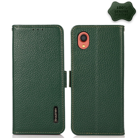 For Samsung Galaxy A22 5G JP Version KHAZNEH Side-Magnetic Litchi Genuine Leather RFID Phone Case(Green) - Galaxy Phone Cases by buy2fix | Online Shopping UK | buy2fix