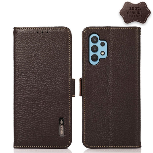 For Samsung Galaxy A32 5G KHAZNEH Side-Magnetic Litchi Genuine Leather RFID Phone Case(Brown) - Galaxy Phone Cases by buy2fix | Online Shopping UK | buy2fix