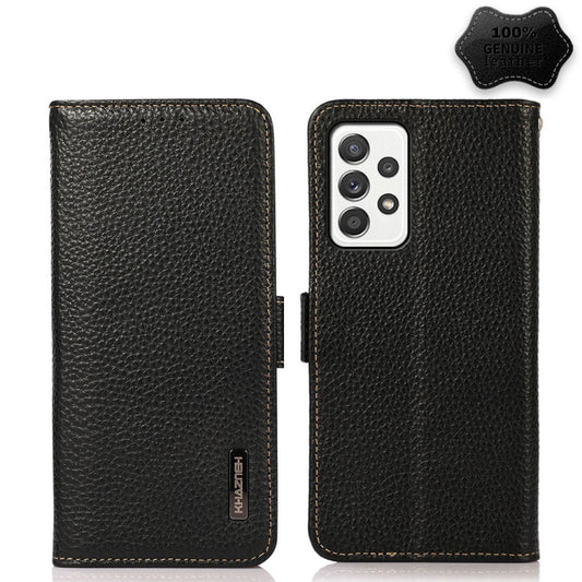 For Samsung Galaxy A52 5G KHAZNEH Side-Magnetic Litchi Genuine Leather RFID Phone Case(Black) - Galaxy Phone Cases by buy2fix | Online Shopping UK | buy2fix