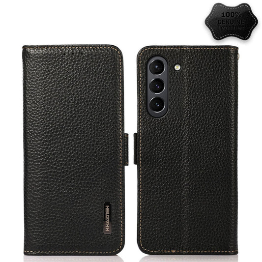 For Samsung Galaxy S21 FE 5G KHAZNEH Side-Magnetic Litchi Genuine Leather RFID Phone Case(Black) - Galaxy Phone Cases by buy2fix | Online Shopping UK | buy2fix