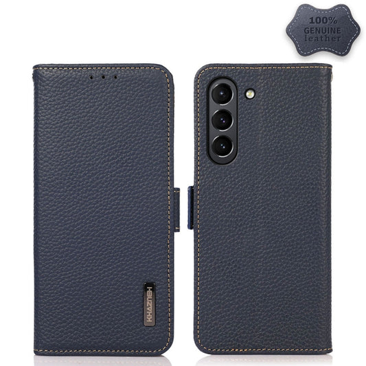 For Samsung Galaxy S21 FE 5G KHAZNEH Side-Magnetic Litchi Genuine Leather RFID Phone Case(Blue) - Galaxy Phone Cases by buy2fix | Online Shopping UK | buy2fix