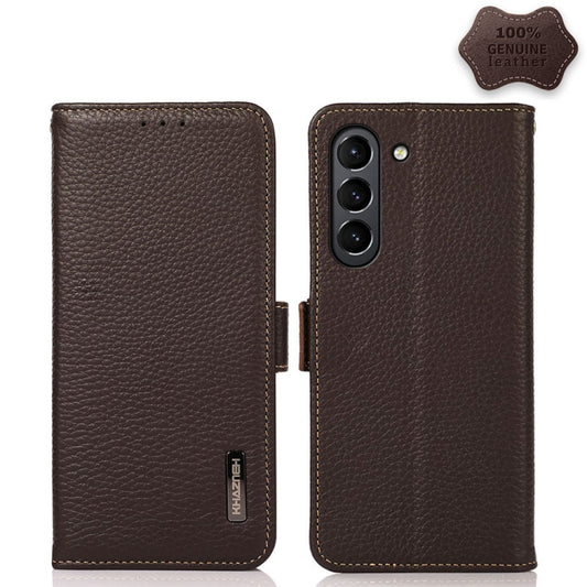 For Samsung Galaxy S21 FE 5G KHAZNEH Side-Magnetic Litchi Genuine Leather RFID Phone Case(Brown) - Galaxy Phone Cases by buy2fix | Online Shopping UK | buy2fix