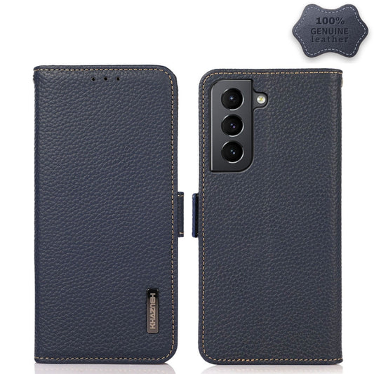 For Samsung Galaxy S21+ 5G KHAZNEH Side-Magnetic Litchi Genuine Leather RFID Phone Case(Blue) - Galaxy S21+ 5G Cases by buy2fix | Online Shopping UK | buy2fix