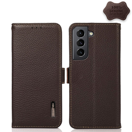 For Samsung Galaxy S21 5G KHAZNEH Side-Magnetic Litchi Genuine Leather RFID Phone Case(Brown) - Galaxy S21 5G Cases by buy2fix | Online Shopping UK | buy2fix