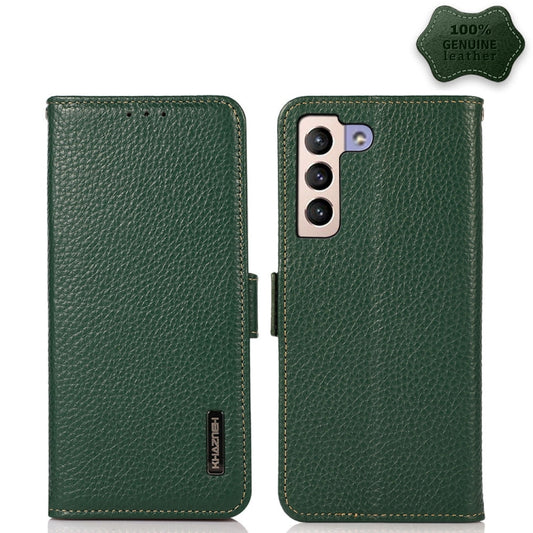 For Samsung Galaxy S22 5G KHAZNEH Side-Magnetic Litchi Genuine Leather RFID Phone Case(Green) - Galaxy S22 5G Cases by buy2fix | Online Shopping UK | buy2fix