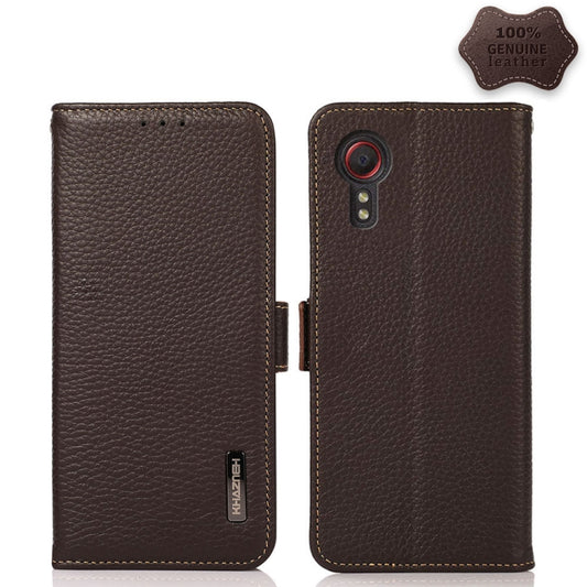 For Samsung Galaxy Xcover 5 KHAZNEH Side-Magnetic Litchi Genuine Leather RFID Phone Case(Brown) - Galaxy Phone Cases by buy2fix | Online Shopping UK | buy2fix