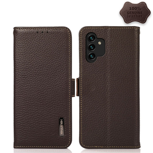 For Samsung Galaxy A13 4G KHAZNEH Side-Magnetic Litchi Genuine Leather RFID Phone Case(Brown) - Galaxy Phone Cases by buy2fix | Online Shopping UK | buy2fix