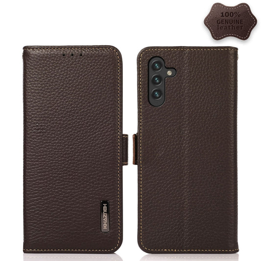 For Samsung Galaxy A13 5G KHAZNEH Side-Magnetic Litchi Genuine Leather RFID Phone Case(Brown) - Galaxy Phone Cases by buy2fix | Online Shopping UK | buy2fix