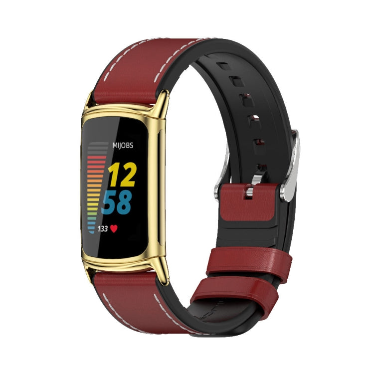 For Fitbit Charge5 Mijobs TPU + Leather Watch Band(Red+Gold) - Watch Bands by MIJOBS | Online Shopping UK | buy2fix