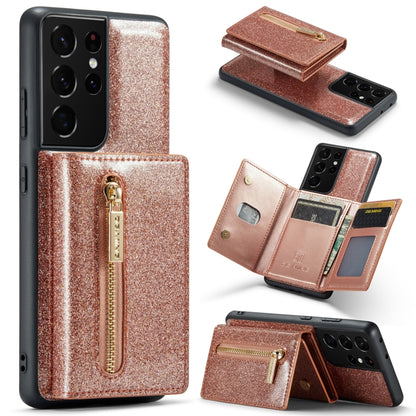 For Samsung Galaxy S21 Ultra 5G DG.MING M3 Series Glitter Powder Card Bag Leather Case(Rose Gold) - Galaxy Phone Cases by DG.MING | Online Shopping UK | buy2fix