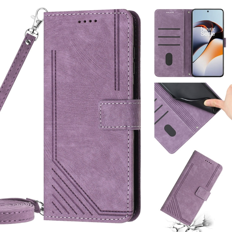 For OnePlus 11 Skin Feel Stripe Pattern Leather Phone Case with Lanyard(Purple) - OnePlus Cases by buy2fix | Online Shopping UK | buy2fix