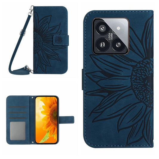 For Xiaomi 14 Skin Feel Sun Flower Embossed Flip Leather Phone Case with Lanyard(Inky Blue) - 14 Cases by buy2fix | Online Shopping UK | buy2fix