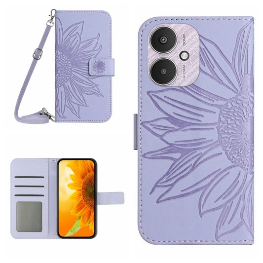 For Xiaomi Redmi 13C 5G Skin Feel Sun Flower Embossed Flip Leather Phone Case with Lanyard(Purple) - 13C Cases by buy2fix | Online Shopping UK | buy2fix