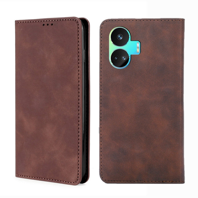 For Realme GT Neo5 SE Skin Feel Magnetic Leather Phone Case(Dark Brown) - Realme Cases by buy2fix | Online Shopping UK | buy2fix