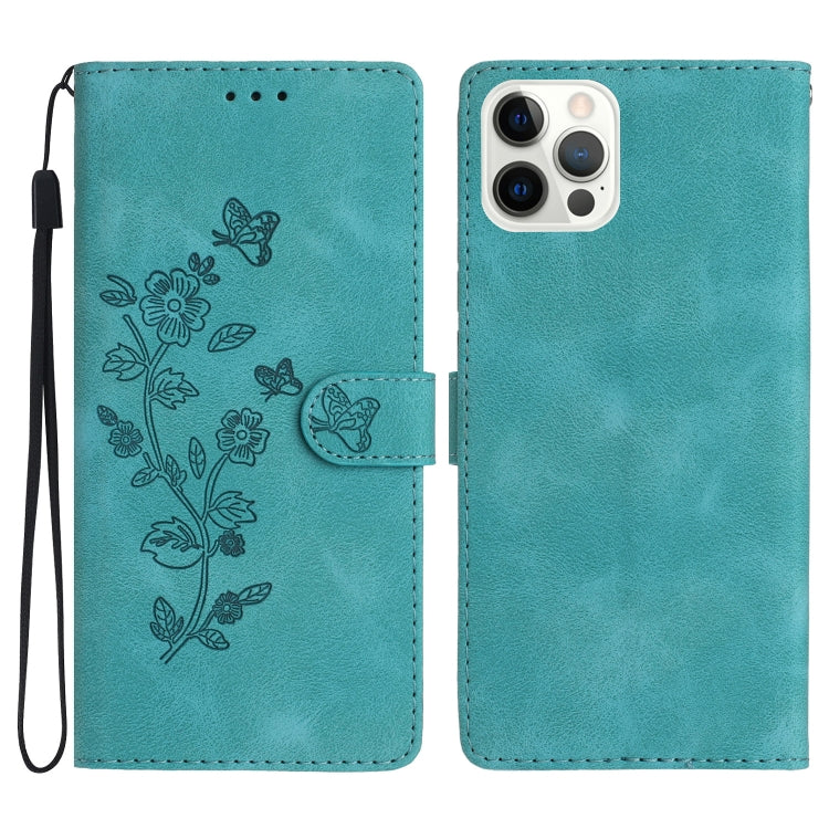 For iPhone 16 Pro Max Flower Butterfly Embossing Pattern Leather Phone Case(Sky Blue) - iPhone 16 Pro Max Cases by buy2fix | Online Shopping UK | buy2fix