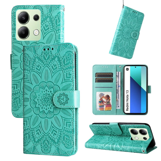 For Xiaomi Redmi Note13 4G Embossed Sunflower Leather Phone Case(Green) - Note 13 Cases by buy2fix | Online Shopping UK | buy2fix