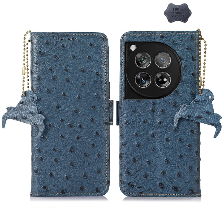 For OnePlus 12 Ostrich Pattern Genuine Leather RFID Phone Case(Blue) - OnePlus Cases by buy2fix | Online Shopping UK | buy2fix