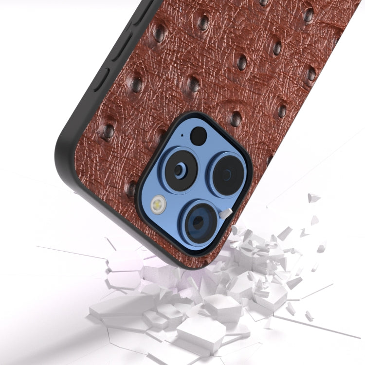 For iPhone 16 Pro ABEEL Genuine Leather Ostrich Texture Phone Case(Coffee) - iPhone 16 Pro Cases by buy2fix | Online Shopping UK | buy2fix