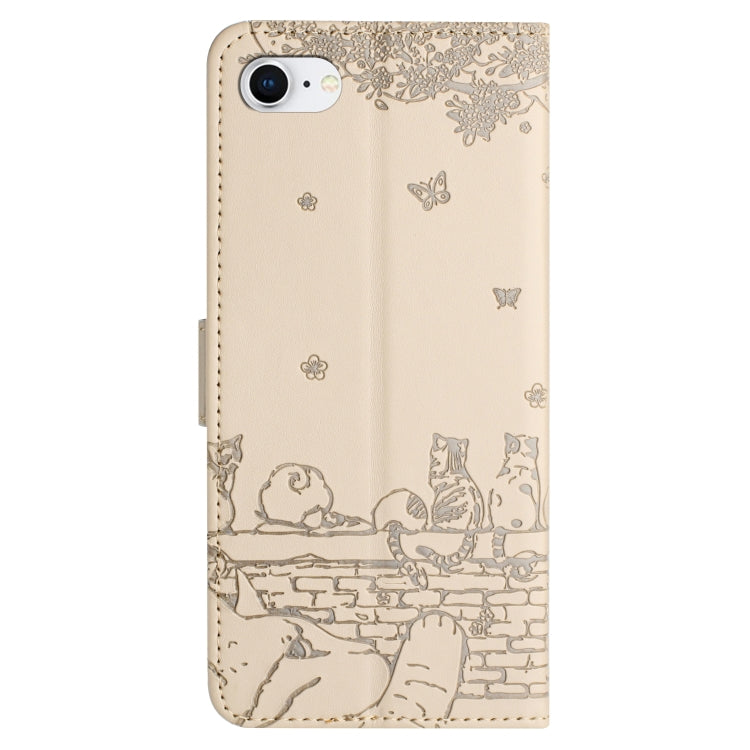 For iPhone SE 2024 Cat Embossing Pattern Leather Phone Case with Lanyard(Beige) - More iPhone Cases by buy2fix | Online Shopping UK | buy2fix