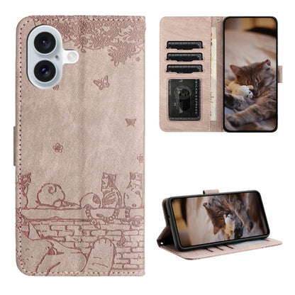 For iPhone 16 Plus Cat Embossing Pattern Leather Phone Case with Lanyard(Grey) - iPhone 16 Plus Cases by buy2fix | Online Shopping UK | buy2fix