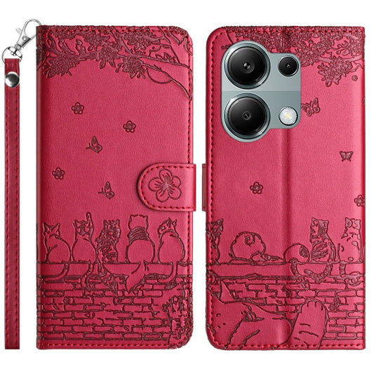 For Xiaomi Poco M6 Pro 4G Cat Embossing Pattern Leather Phone Case with Lanyard(Red) - Xiaomi Cases by buy2fix | Online Shopping UK | buy2fix