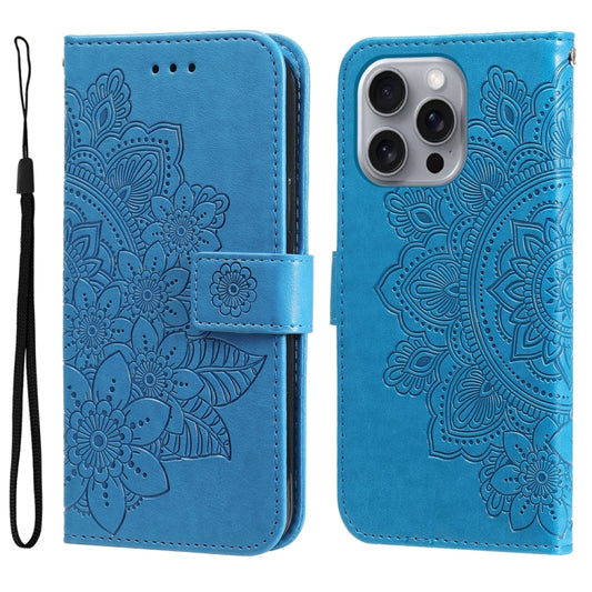 For iPhone 16 Pro Max 7-petal Flowers Embossing Leather Phone Case(Blue) - iPhone 16 Pro Max Cases by buy2fix | Online Shopping UK | buy2fix