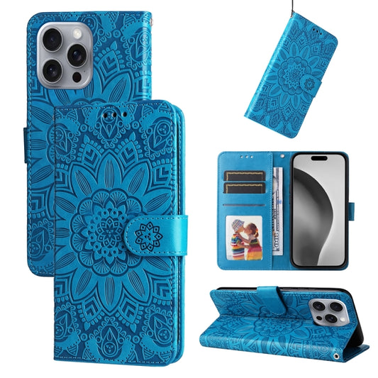 For iPhone 16 Pro Max Embossed Sunflower Leather Phone Case(Blue) - iPhone 16 Pro Max Cases by buy2fix | Online Shopping UK | buy2fix