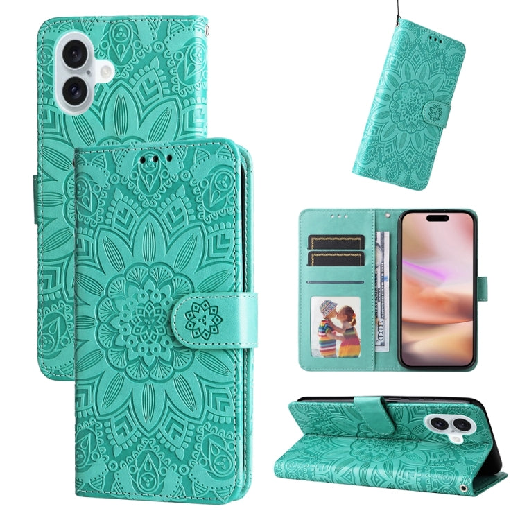 For iPhone 16 Plus Embossed Sunflower Leather Phone Case(Green) - iPhone 16 Plus Cases by buy2fix | Online Shopping UK | buy2fix