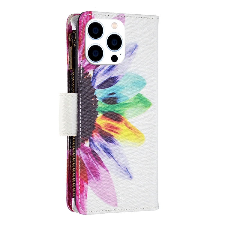 For iPhone 16 Pro Max Colored Drawing Pattern Zipper Phone Leather Case(Sun Flower) - iPhone 16 Pro Max Cases by buy2fix | Online Shopping UK | buy2fix