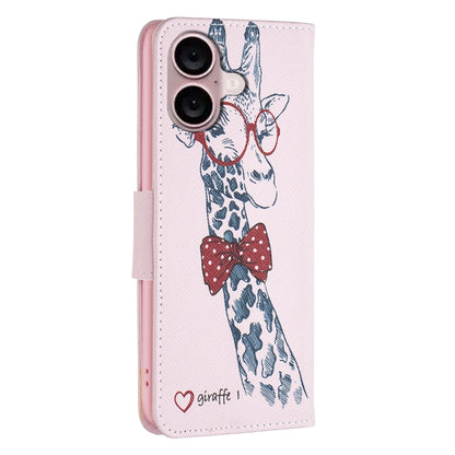 For iPhone 16 Plus Colored Drawing Pattern Leather Phone Case(Giraffe) - iPhone 16 Plus Cases by buy2fix | Online Shopping UK | buy2fix