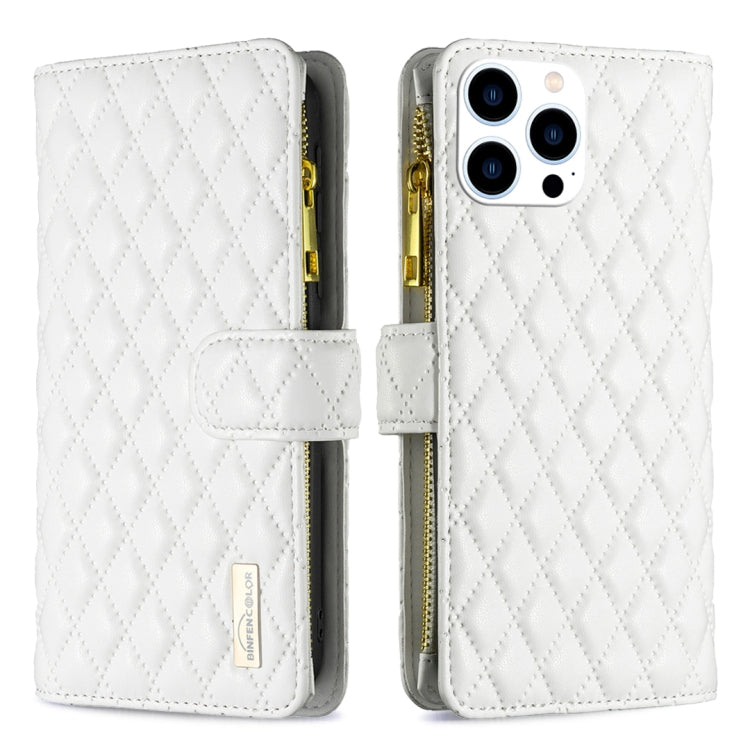 For iPhone 16 Pro Max Diamond Lattice Zipper Wallet Leather Flip Phone Case(White) - iPhone 16 Pro Max Cases by buy2fix | Online Shopping UK | buy2fix