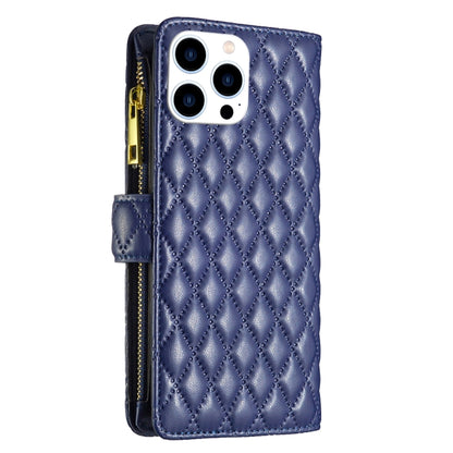 For iPhone 16 Pro Diamond Lattice Zipper Wallet Leather Flip Phone Case(Blue) - iPhone 16 Pro Cases by buy2fix | Online Shopping UK | buy2fix