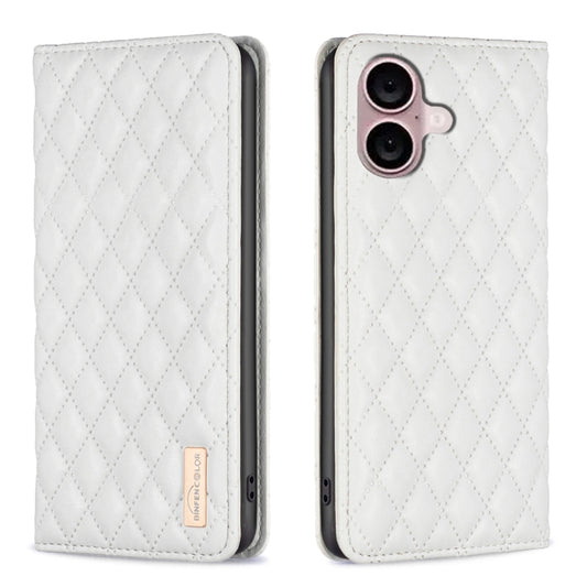 For iPhone 16 Plus Diamond Lattice Magnetic Leather Flip Phone Case(White) - iPhone 16 Plus Cases by buy2fix | Online Shopping UK | buy2fix