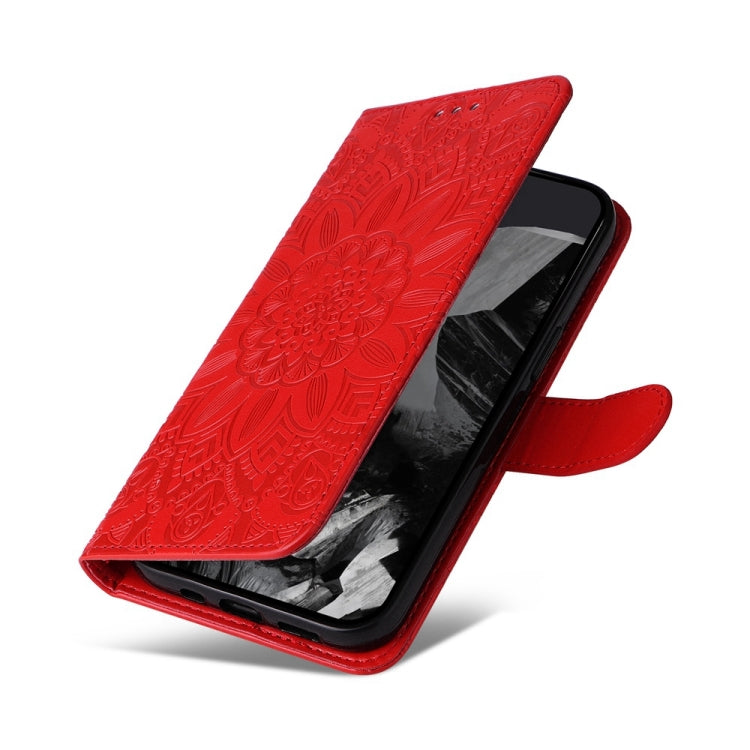 For Google Pixel 9 Pro Embossed Sunflower Leather Phone Case(Red) - Google Cases by buy2fix | Online Shopping UK | buy2fix