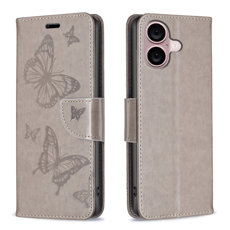 For iPhone 16 Embossing Two Butterflies Pattern Leather Phone Case(Grey) - iPhone 16 Cases by buy2fix | Online Shopping UK | buy2fix