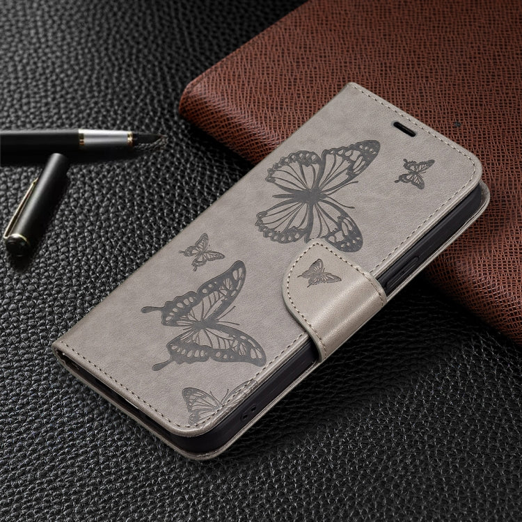 For iPhone 16 Embossing Two Butterflies Pattern Leather Phone Case(Grey) - iPhone 16 Cases by buy2fix | Online Shopping UK | buy2fix