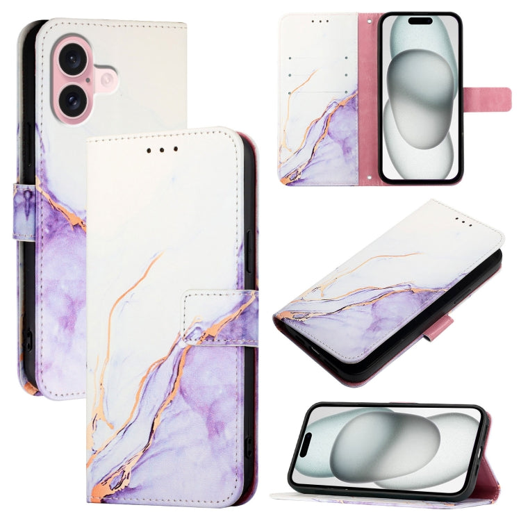 For iPhone 16 PT003 Marble Pattern Flip Leather Phone Case(White Purple LS006) - iPhone 16 Cases by buy2fix | Online Shopping UK | buy2fix