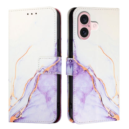 For iPhone 16 PT003 Marble Pattern Flip Leather Phone Case(White Purple LS006) - iPhone 16 Cases by buy2fix | Online Shopping UK | buy2fix