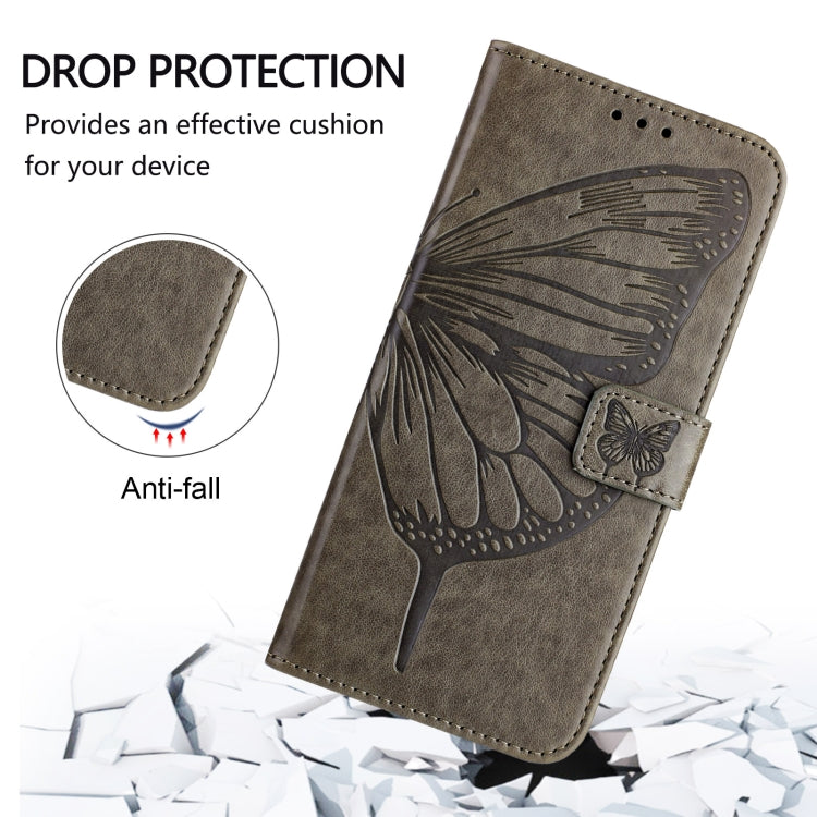 For iPhone 16 Plus Embossed Butterfly Leather Phone Case(Grey) - iPhone 16 Plus Cases by buy2fix | Online Shopping UK | buy2fix