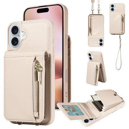 For iPhone 16 Plus Crossbody Lanyard Zipper Wallet Leather Phone Case(Beige) - iPhone 16 Plus Cases by buy2fix | Online Shopping UK | buy2fix